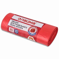 Мешки для мусора 60 л, красный, в рулоне 20 шт., ПНД, 10 мкм, 680х580 мм, LAIMA, 606702 в Шымкенте