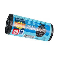 Мешки для мусора 30 л, с ушками, черные, в рулоне 30 шт., ПНД, 9 мкм, 600х500 мм, Крепак, 4607075710450 в Шымкенте