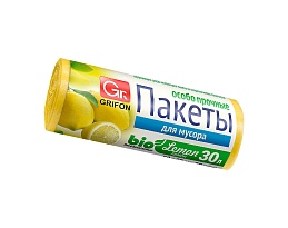 Мешки для мусора 30 л, ароматизированные, Лимон, желтые, в рулоне 20 шт., ПНД, 9 мкм, 560х530 мм, GRIFON Aroma, 101-020 Li в Шымкенте