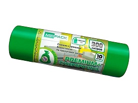 Мешки для мусора 300 л, зеленые, в рулоне 10 шт., ПВД 70 мкм, 1400х1000 мм, PREMIUM+, 300101601 в Шымкенте